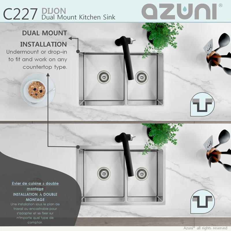 AZUNI Dual Mount 27 inch Stainless Steel Double Bowl Kitchen Sink